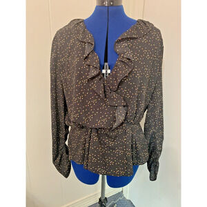 Cabi Large Wrap Top Ruffle Neckline Black/Heart Print Long sleeve Career Church